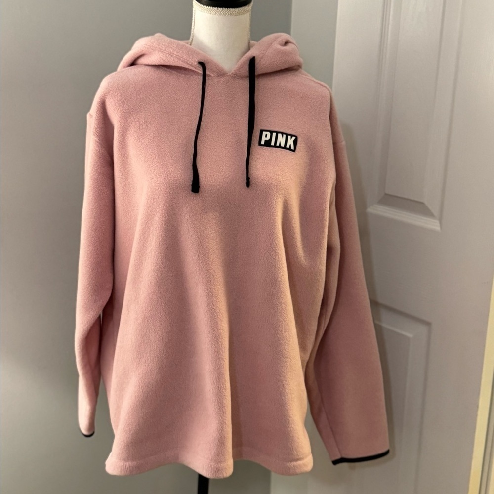 PINK Victoria’s Secret Fleece Pull-over Hoodie Large Light pink w/black trim